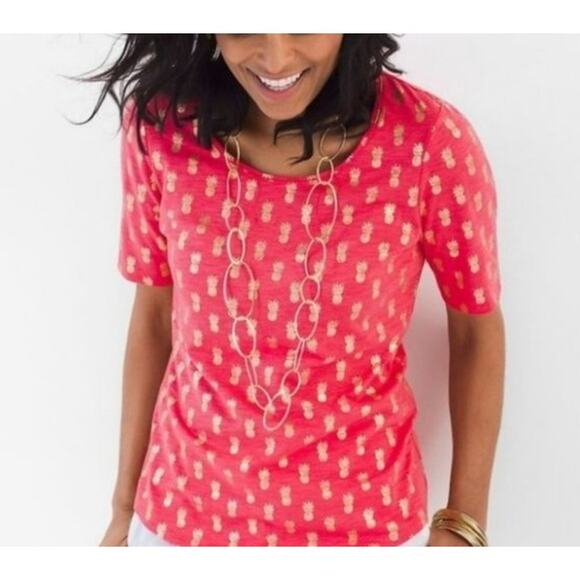 Chico’s Pink Pineapple Malibu Tee Size 2 L Gold Metallic Print Resort Wear EUC - Picture 1 of 8